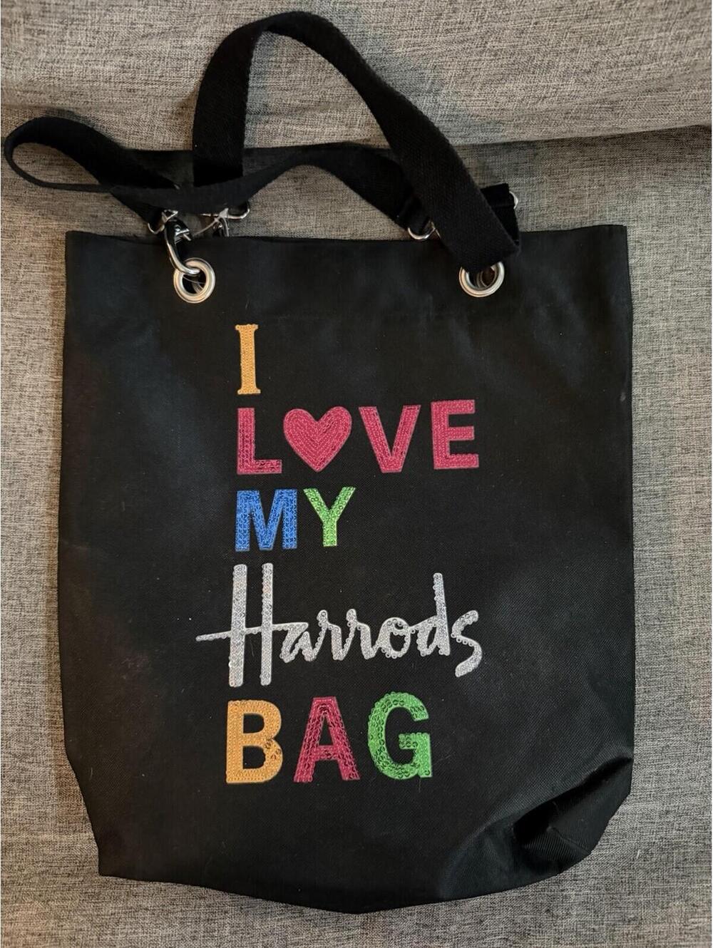 Harrods Tote Bag I Heart My Harrods Bag London Black Sequins Pink Lining